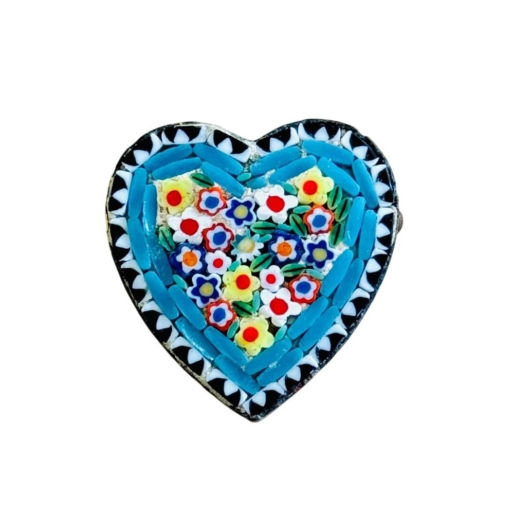 VTG Micromosaic Brooch Pin Flower Heart Art Deco Italy Micro-mosaic Antique Teal